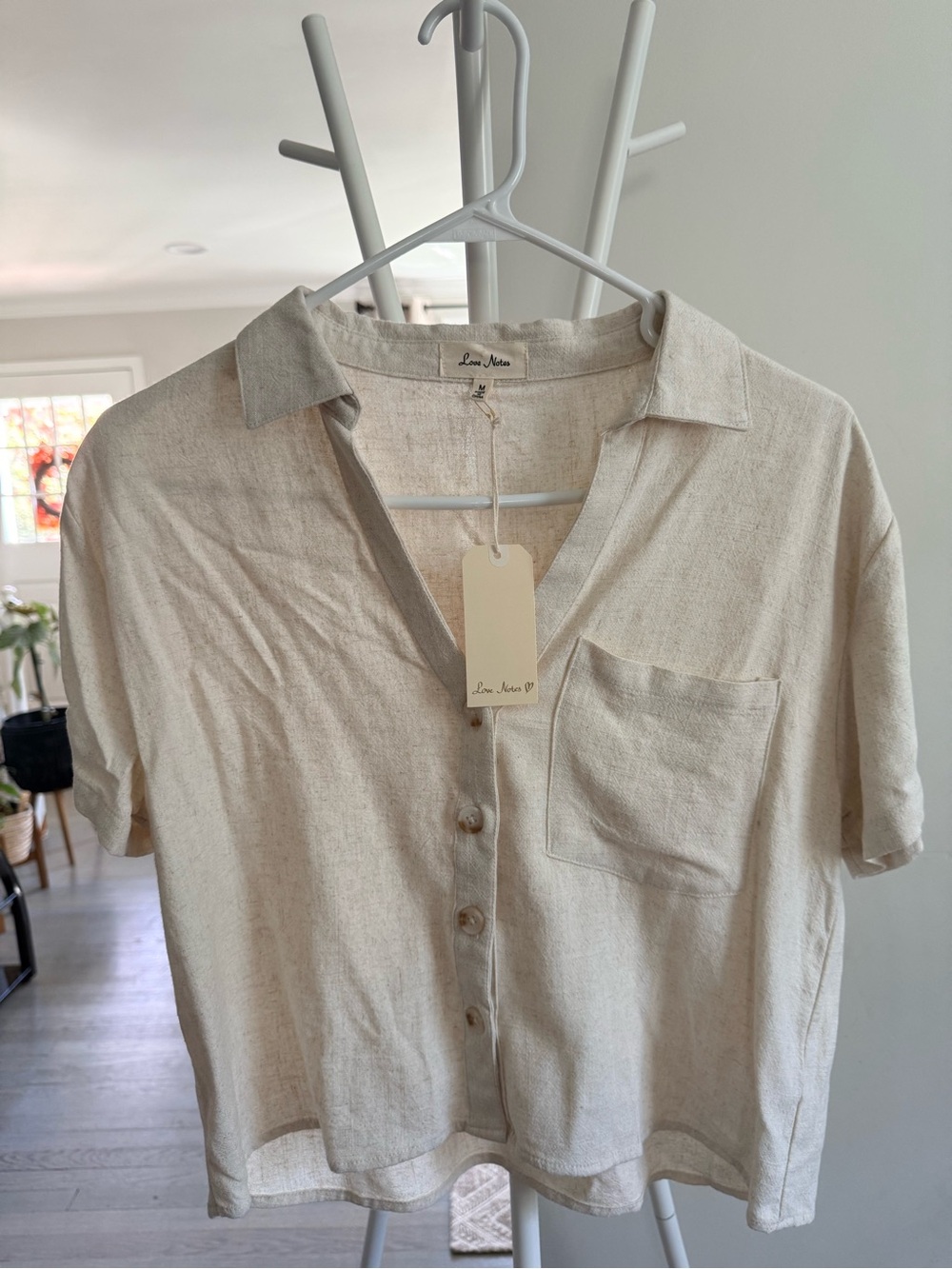 Love Notes Natural Short-Sleeve Button Front Blouse